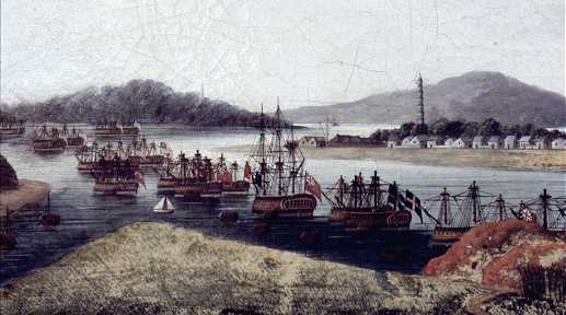 Wampoa anchorage, Canton, Kina, ca 1770 (detalj)