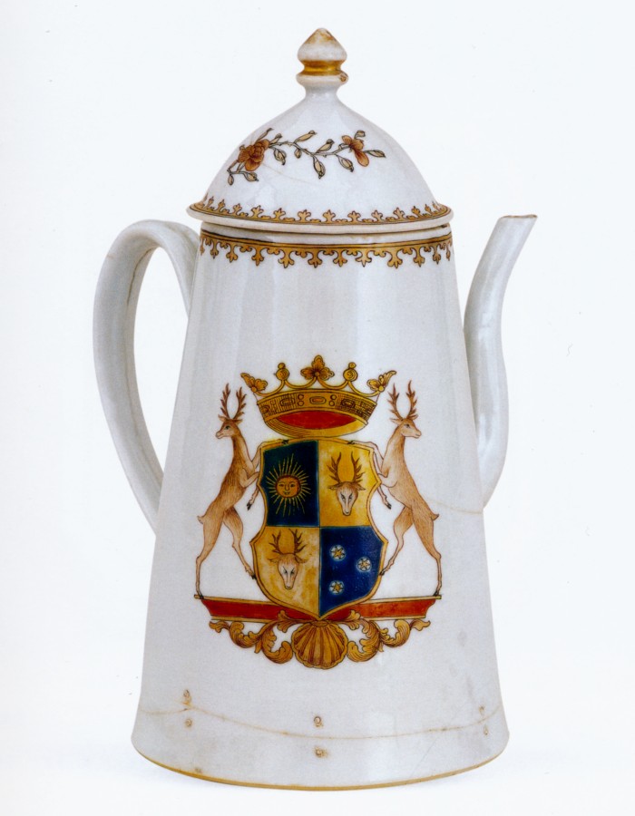 Armorial coffee pot with side handle