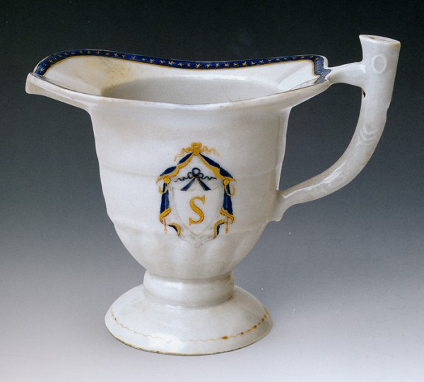 Helmet shaped milk jug w armorial capital S