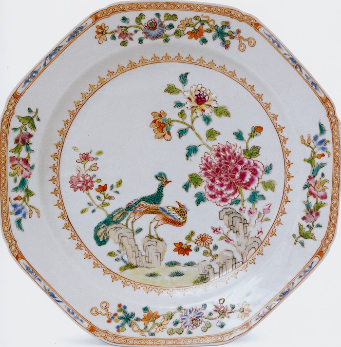 Famille rose octagonal peacock plate